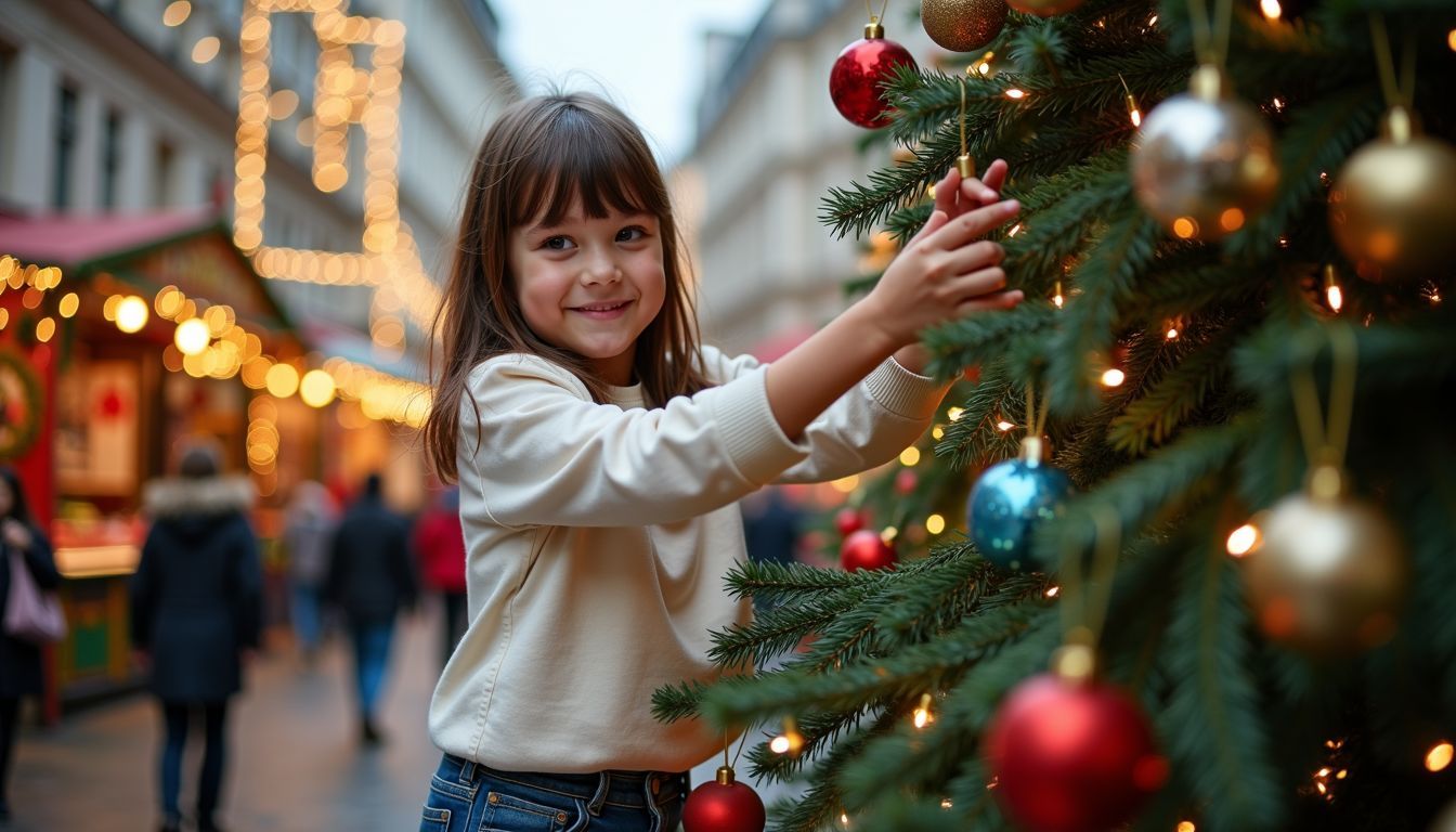 A child decorating a Christmas tree at a festive fairground.